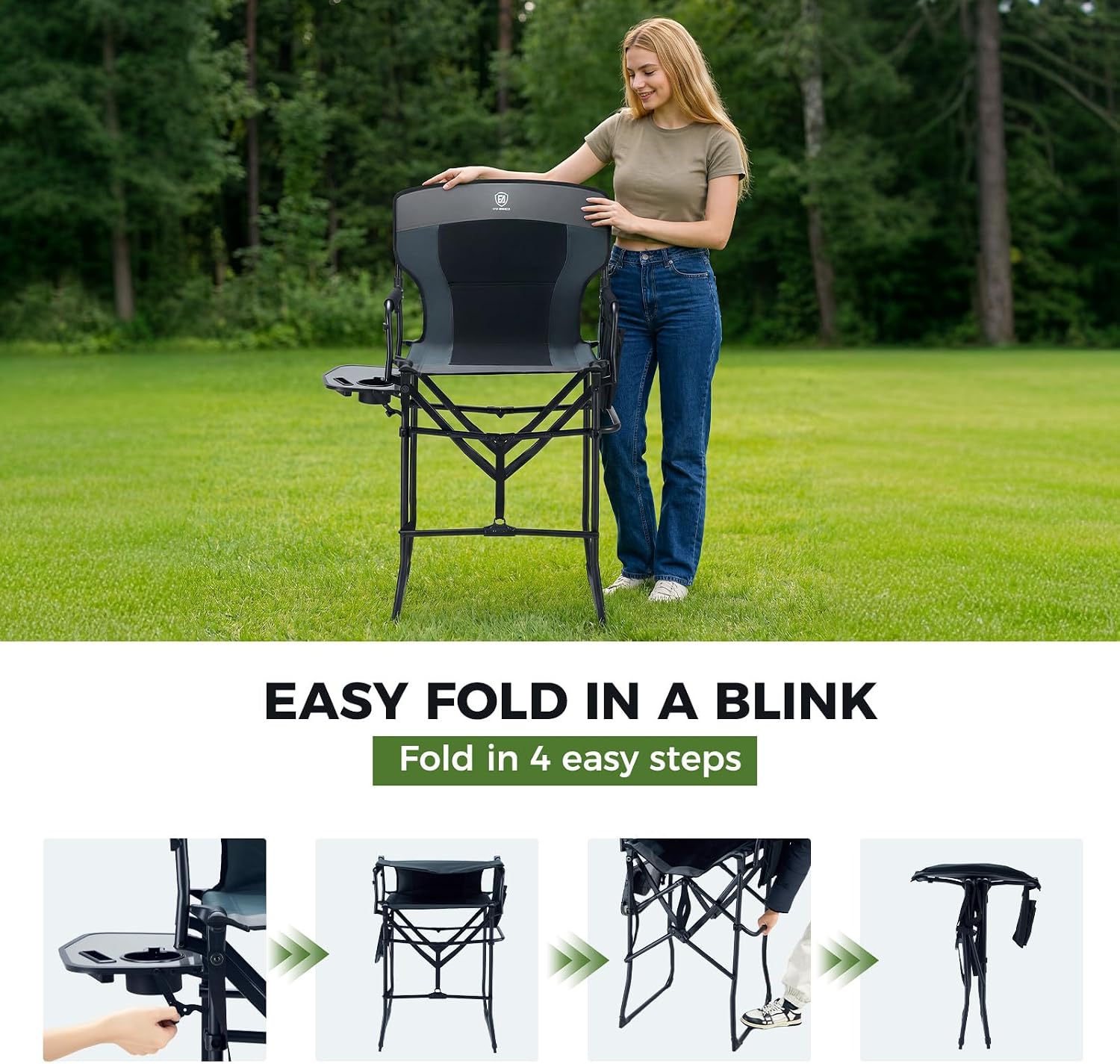 EVER ADVANCED Portable 30.7" Seat Height Tall Folding Camping Chair Directors Chair High Foldable Bar Stool with Side Table for Makeup Artist, Sports Event, Craft Show, Supports 350LBS