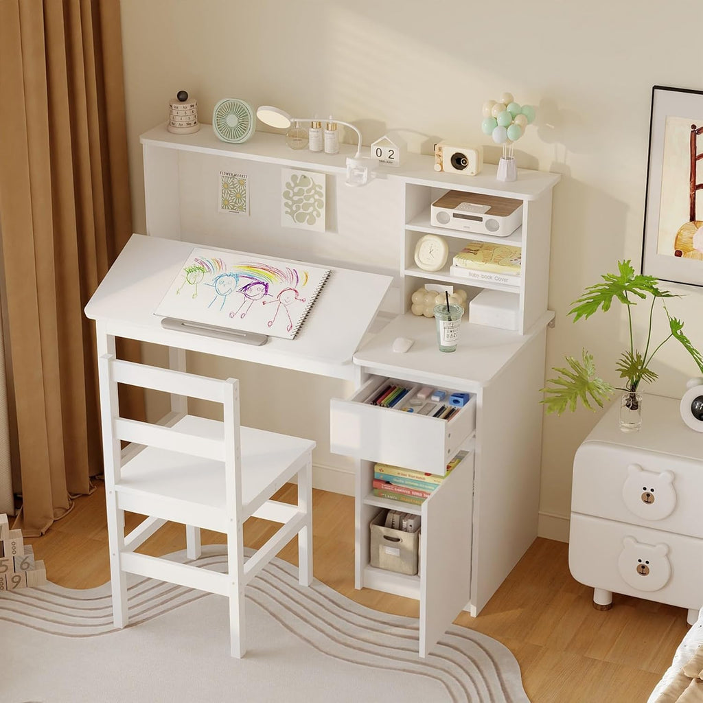 MOUMON Drafting Table and Chair Set, Artist Desk with 0-40° Tilting Top and Hutch, Solid Wood Legs, Drawer and Storage Cabinet, White 43.3”W x 18.9”D x 40.2”H
