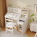 MOUMON Drafting Table and Chair Set, Artist Desk with 0-40° Tilting Top and Hutch, Solid Wood Legs, Drawer and Storage Cabinet, White 43.3”W x 18.9”D x 40.2”H