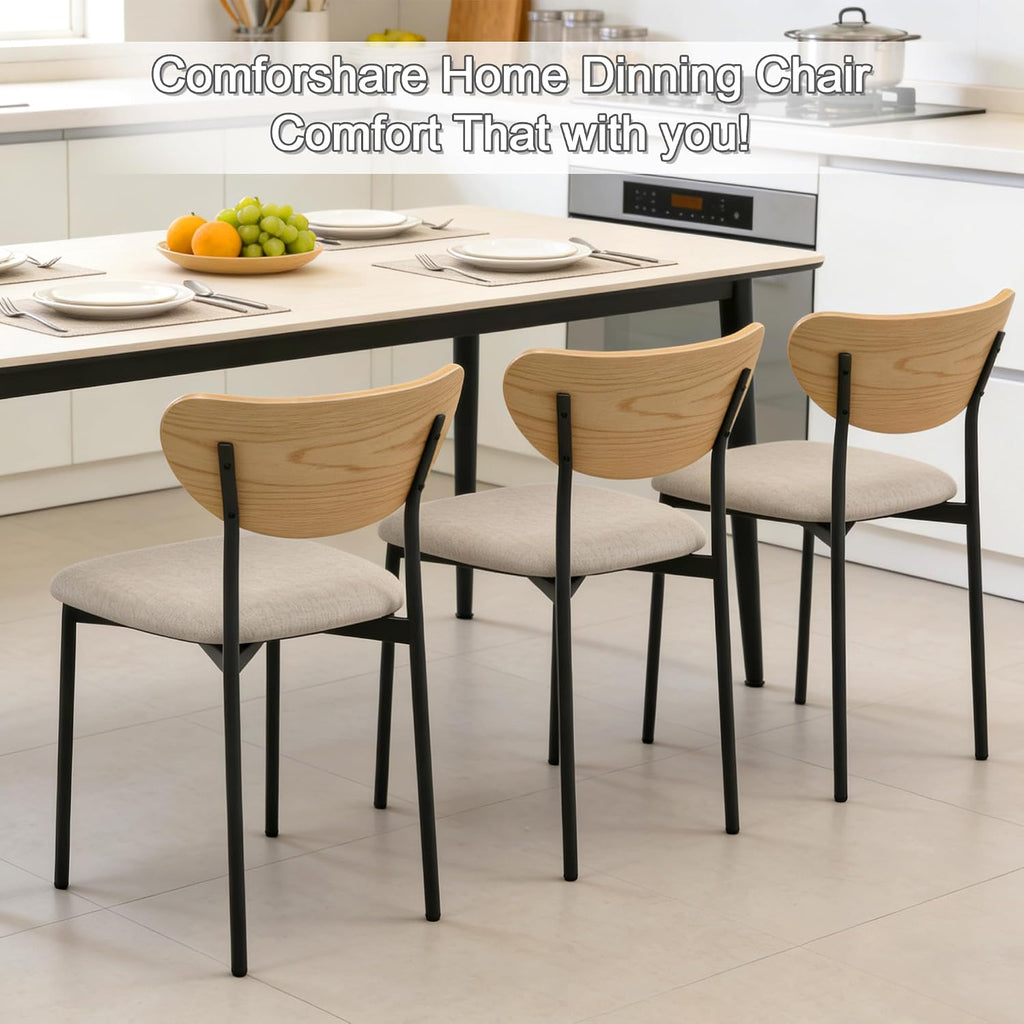 Beige Dining Chairs Set of 2, Upholstered Modern Kitchen Chairs Dining Room Chairs with Wood Curved Backrest & Metal Legs