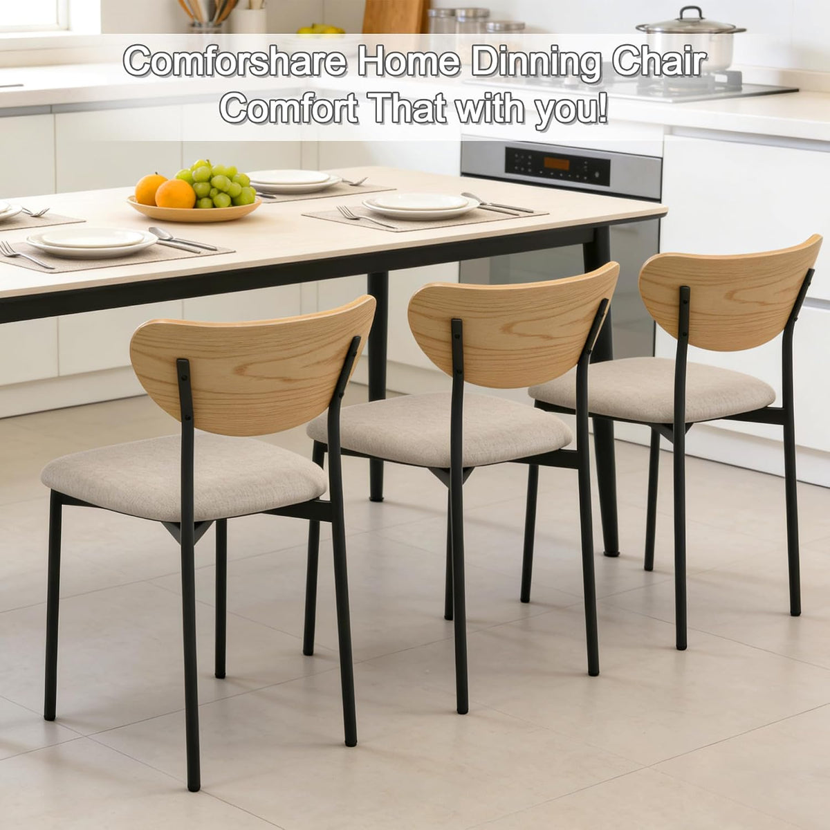 Beige Dining Chairs Set of 2, Upholstered Modern Kitchen Chairs Dining Room Chairs with Wood Curved Backrest & Metal Legs