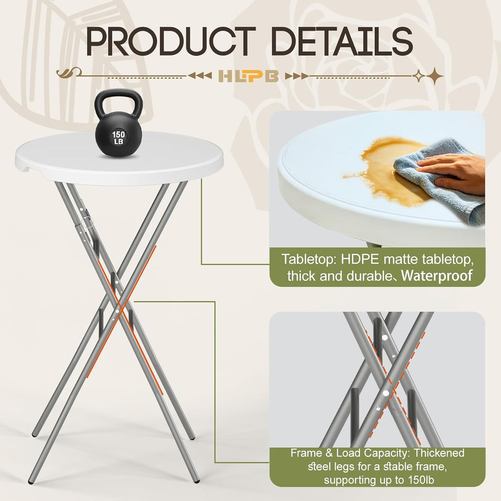 28" Round Folding Table with Cover, Foldable Cocktail Table with Handle | Bar Height Table with Removable Legs, High Top, Indoor Outdoor for Parties, Patio, Backyard, Wedding, Dining, White