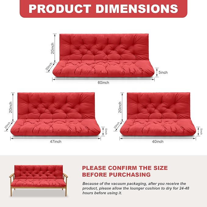 Porch Swing Cushions,Outdoor Cushions 3 Seater Replacement with Backrest, Waterproof Thickened Bench Cushion with Ties for Porch, Patio,Outdoor, Backyard and Garden (Red 47 * 40 in)