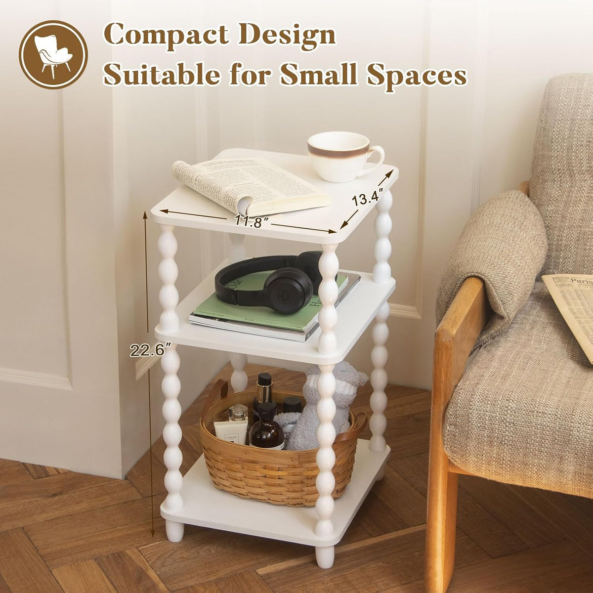 Fultyle End Table, Small Side Table with 3 Tier Open Shelf, Modern Night Stand Bedside Table for Living Room, Bedroom, Office and Small Spaces (White)