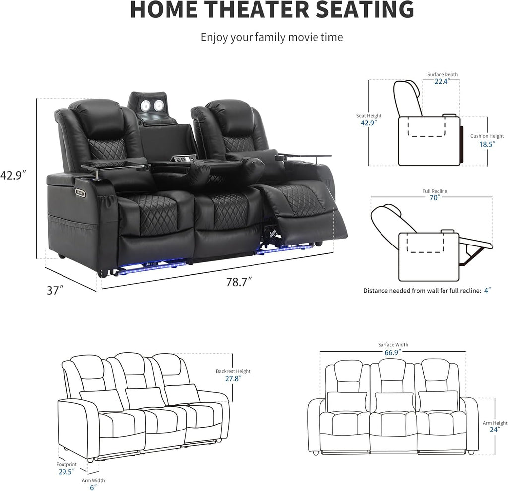 Airadlis Dual Power Home Theater Seating with 7-Color LED, Black, Row of 3 | Zero gravity recliner sofa, USB and Type-C charging, swivel tray and cup holder, lumbar pillow, 4” wall clearance
