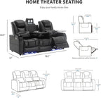 Airadlis Dual Power Home Theater Seating with 7-Color LED, Black, Row of 3 | Zero gravity recliner sofa, USB and Type-C charging, swivel tray and cup holder, lumbar pillow, 4” wall clearance