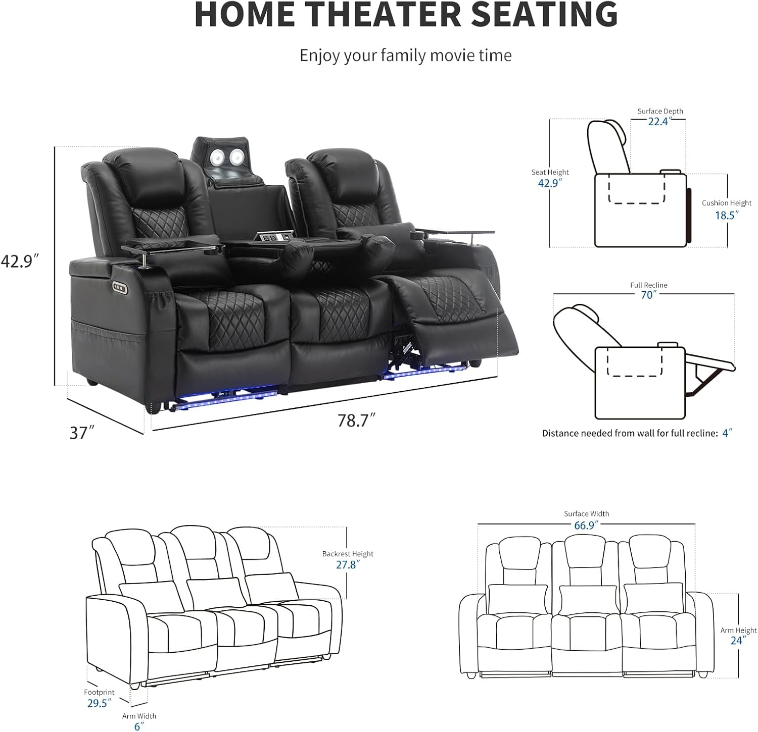 Airadlis Dual Power Home Theater Seating with 7-Color LED, Black, Row of 3 | Zero gravity recliner sofa, USB and Type-C charging, swivel tray and cup holder, lumbar pillow, 4” wall clearance