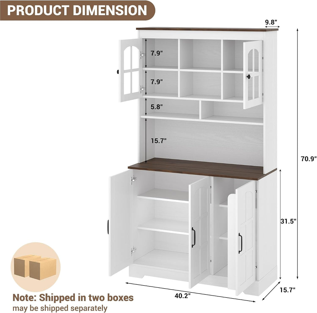 IDEALHOUSE Pantry Cabinet, 70.9 Inch Kitchen Cabinet with Glass Doors, Tall Kitchen Pantry Storage Cabinet with Hutch