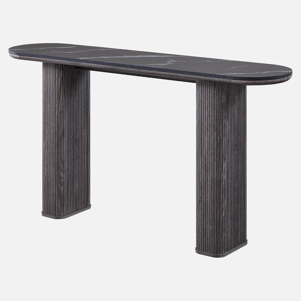 OKD 63" Modern Console Table with Arc Faux Marble Texture Top, Fluted Wood Base, Contemporary Entryway Sofa Table for Living Room, Hallway, Foyer, Dark Alder