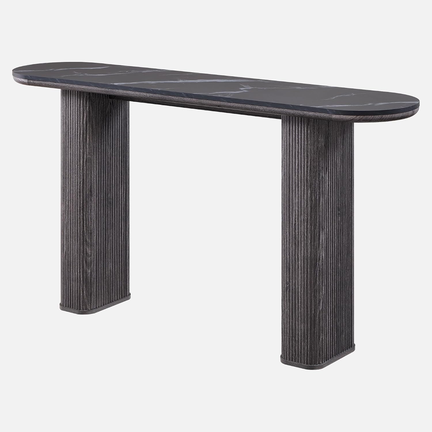 OKD 63" Modern Console Table with Arc Faux Marble Texture Top, Fluted Wood Base, Contemporary Entryway Sofa Table for Living Room, Hallway, Foyer, Dark Alder