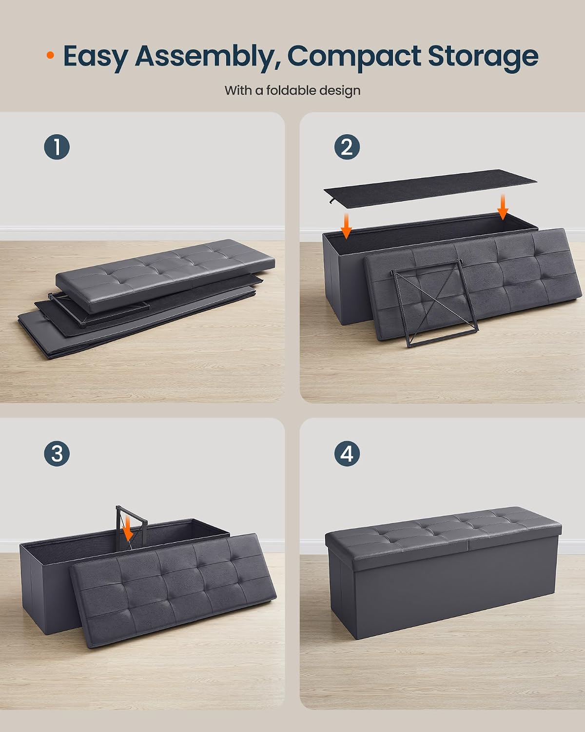 SONGMICS HOME Foldable Foot Rest Stool, Storage Ottoman, Tufted Design, PU Leather, for Entryway, Living Room, 43.2 Inches, Dark Gray
