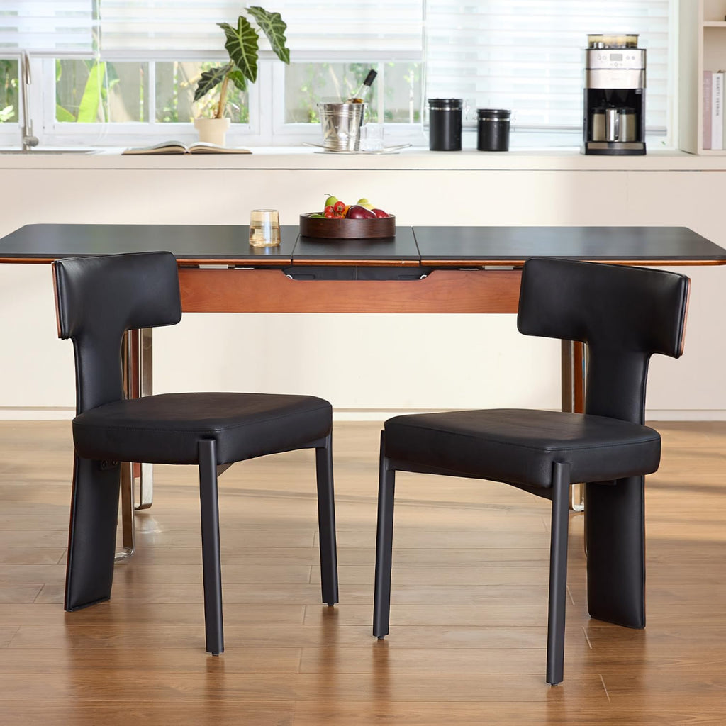 GrandNoor Black Dining Chairs Set of 2,Faux Leather Dining Chairs with Soft Cushion,Comfortable Upholstered Armless Dining Room Chairs with Curved Plywood Back