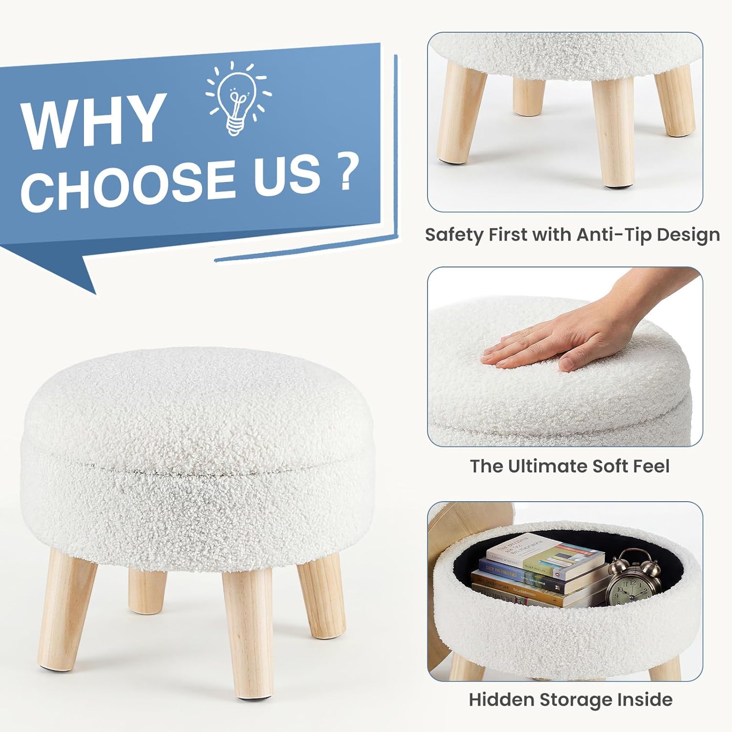 DUMOS Round Storage Ottoman Foot Rest, Compact Boucle Upholstered Footstool with Hidden Storage, Padded Seat, Small Coffee Table for Living Room, Bedroom, Beige