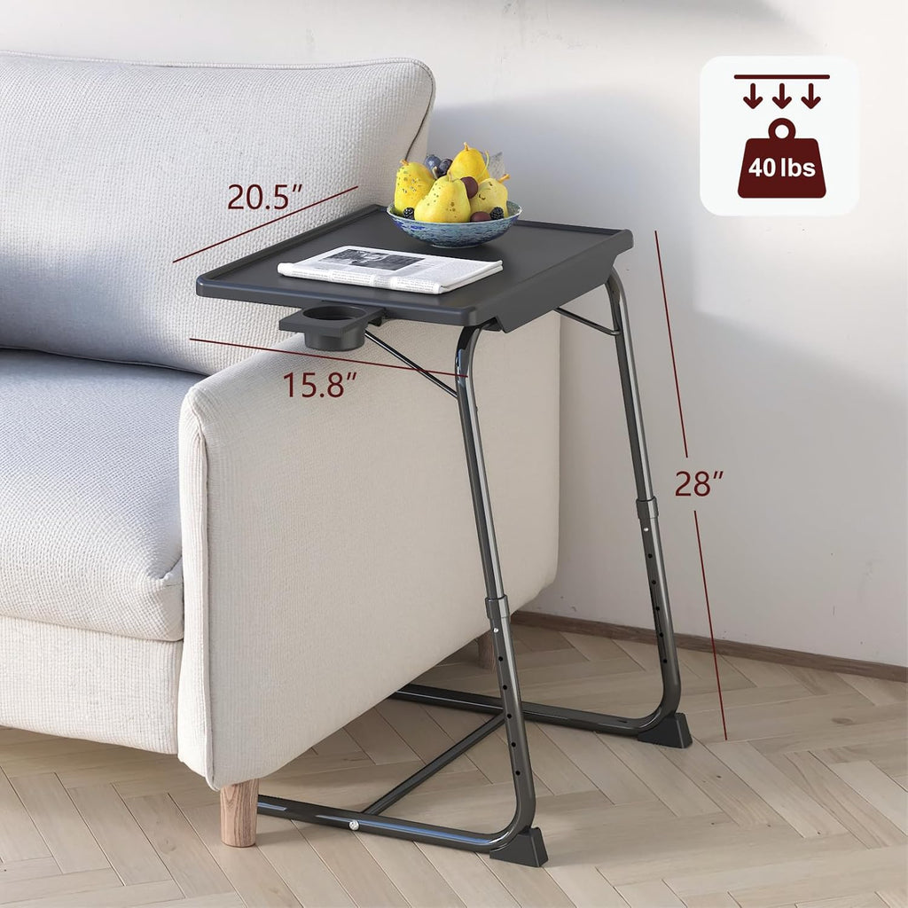 TV Tray Table, Adjustable TV Dinner Table for Eating on Couch with Cup Holder, Folding Couch Desk with 6 Height & 3 Tilt Angle Adjustments, Comfortable Laptop Stand for Bed & Sofa, Black