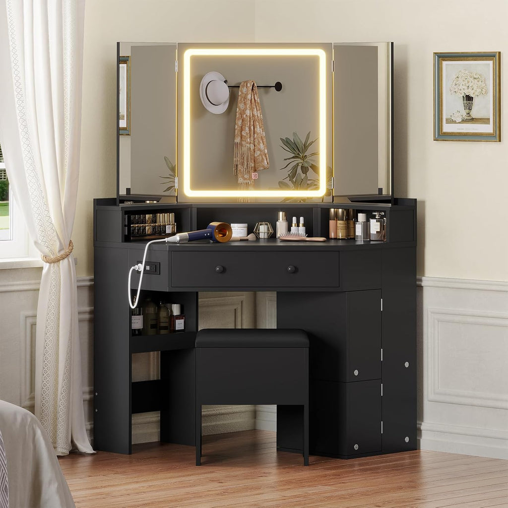 HAUOMS Corner Vanity Desk with Mirror Lights & Storage Bench, Black | Makeup Vanities with Drawers & Rotating Shelves, Power Outlet, 3 Light Settings, Dimmable for Women Girls