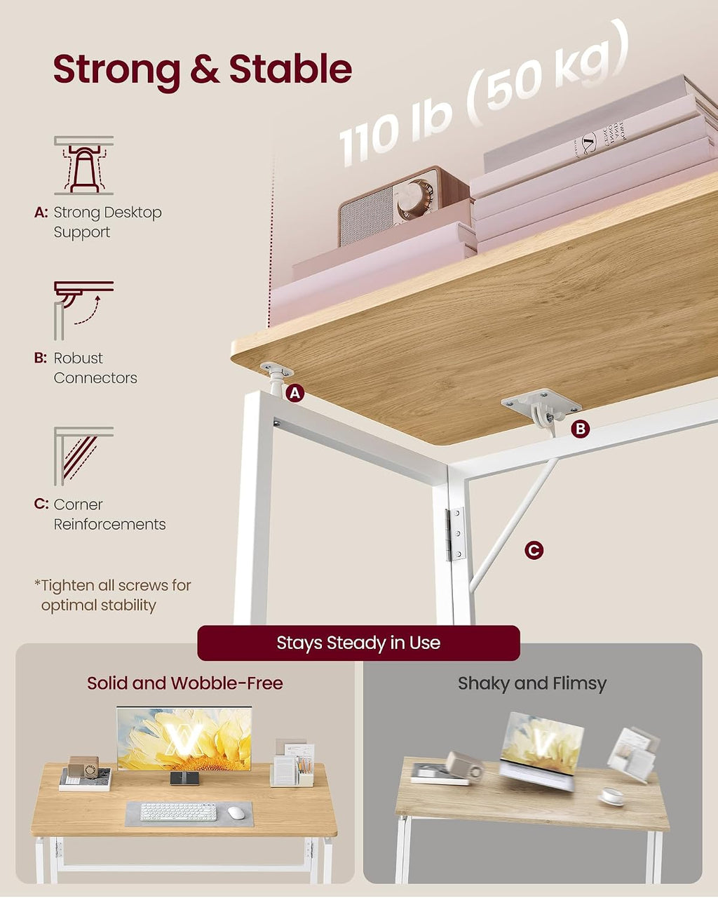 VASAGLE Folding Desk, Small Computer Desk, Foldable Table 39.4 Inch | One-Piece Desktop,Folding Table for Bedroom, Balcony, Camping, Easy Assembly, Straw Yellow, ULWD152YD01