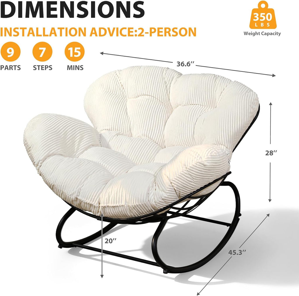 Oversized Outdoor Rocking Chair, Papasan Rocking Egg Chair with Thick Cushion, Metal Frame, Indoor Cozy Rocker for Patio, Balcony, Living Room, Beige