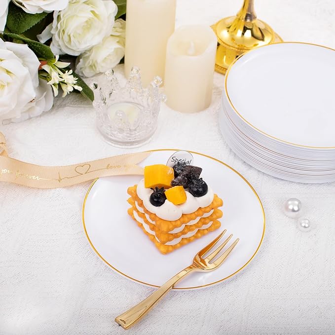 Festiva 200Pcs Gold Dessert Plates 6.3" with Forks 5"- Small Disposable Dessert/Cake/Appetizer Plates Plates- serve 100 guests include 100Plates 100Forks for Wedding Party&Thanksgiving&Christmas