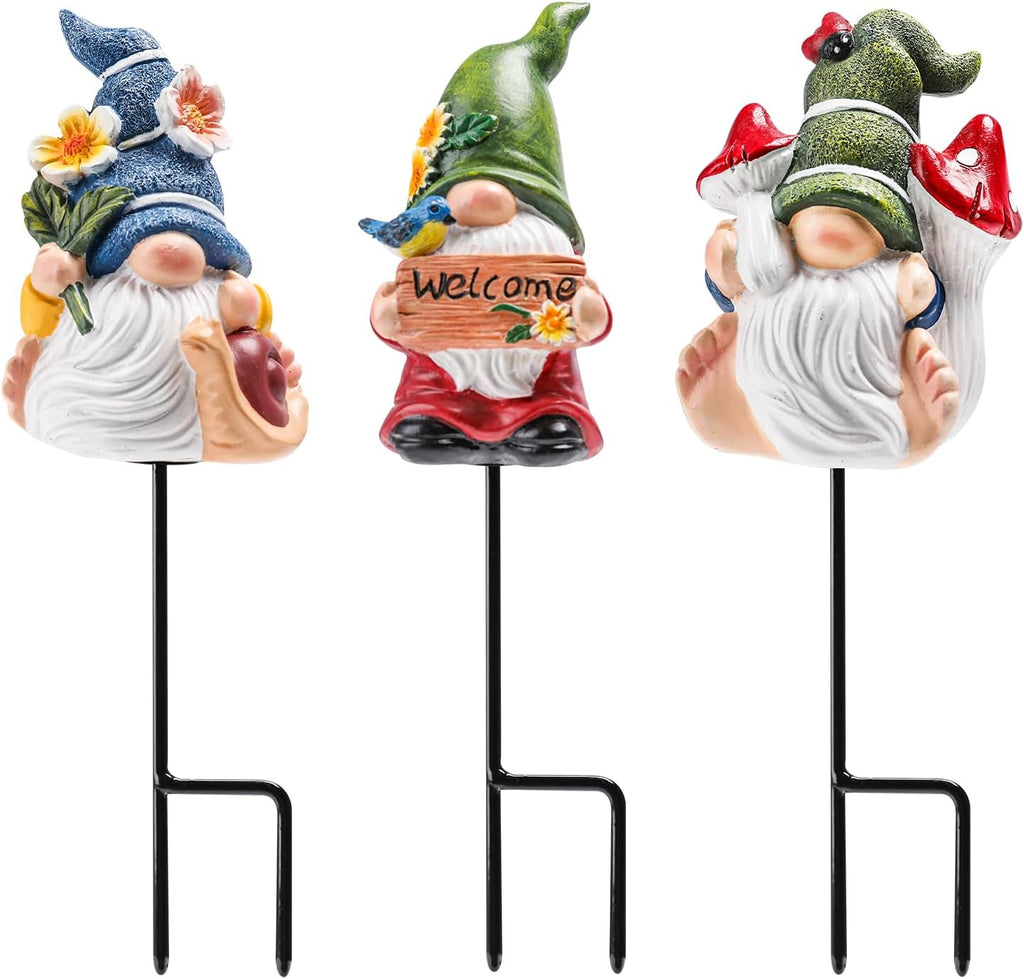 Garden Gnomes Stakes 3 Inch Plant Decorations for Pots Outdoor Statues Indoor 3 Pack Large Garden Gnomes Decorations for Home