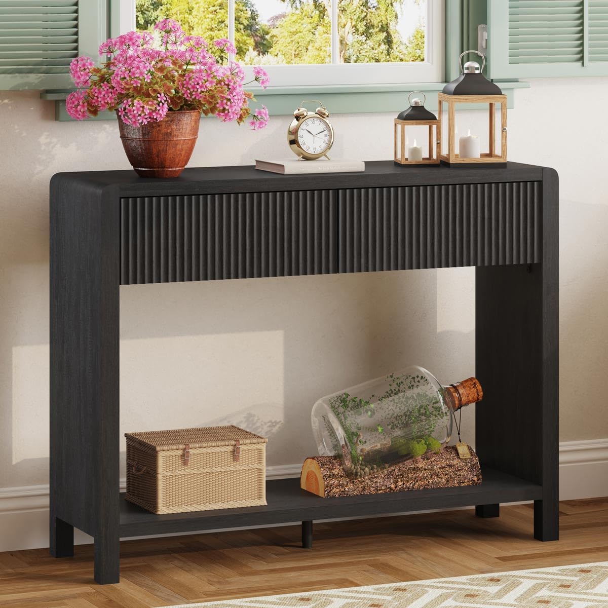 FATORRI Console Entryway Table, Modern Sofa Table with 2 Drawers for Living Room, 39.37 inch Narrow Wood Hallway Tables and Couch Tables Behind Sofa for Small Space (Black)