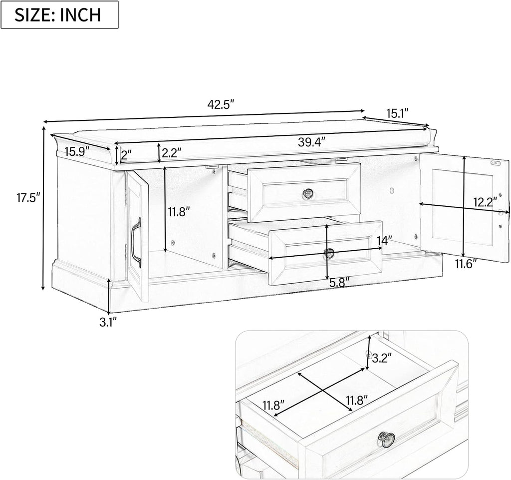 GDFStudio Jasd 42.50" Storage Bench with 2 Drawers and 2 Cabinets, Shoe Bench with Removable Cushion, Solid Wood Frame Storage Ottoman, Rectangular Cabinet Shoe Seat for Living Room Entryway, White