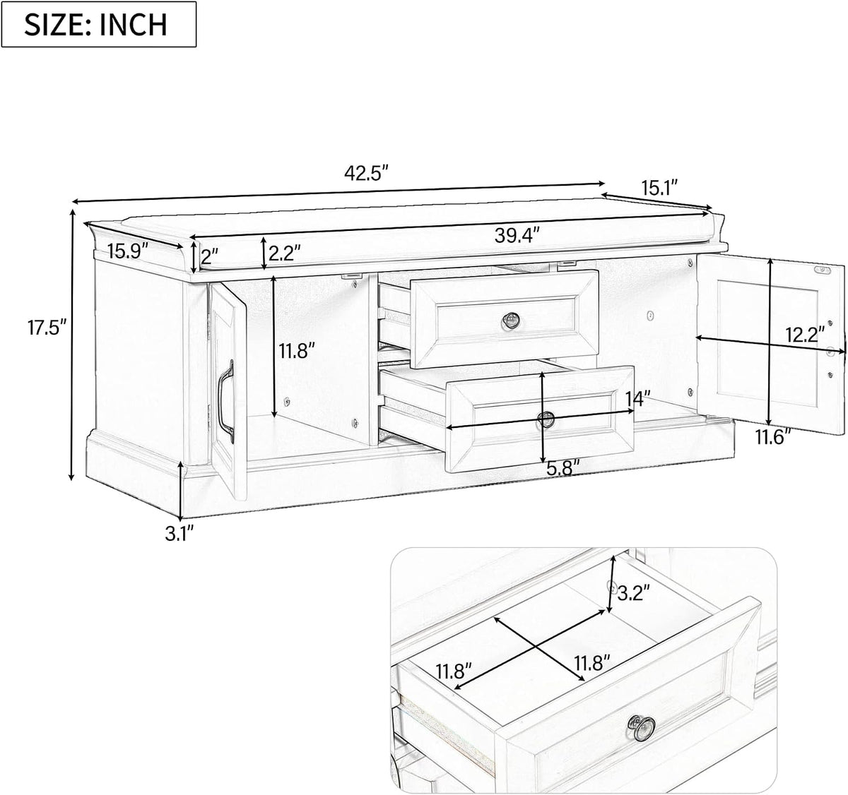 GDFStudio Jasd 42.50" Storage Bench with 2 Drawers and 2 Cabinets, Shoe Bench with Removable Cushion, Solid Wood Frame Storage Ottoman, Rectangular Cabinet Shoe Seat for Living Room Entryway, White