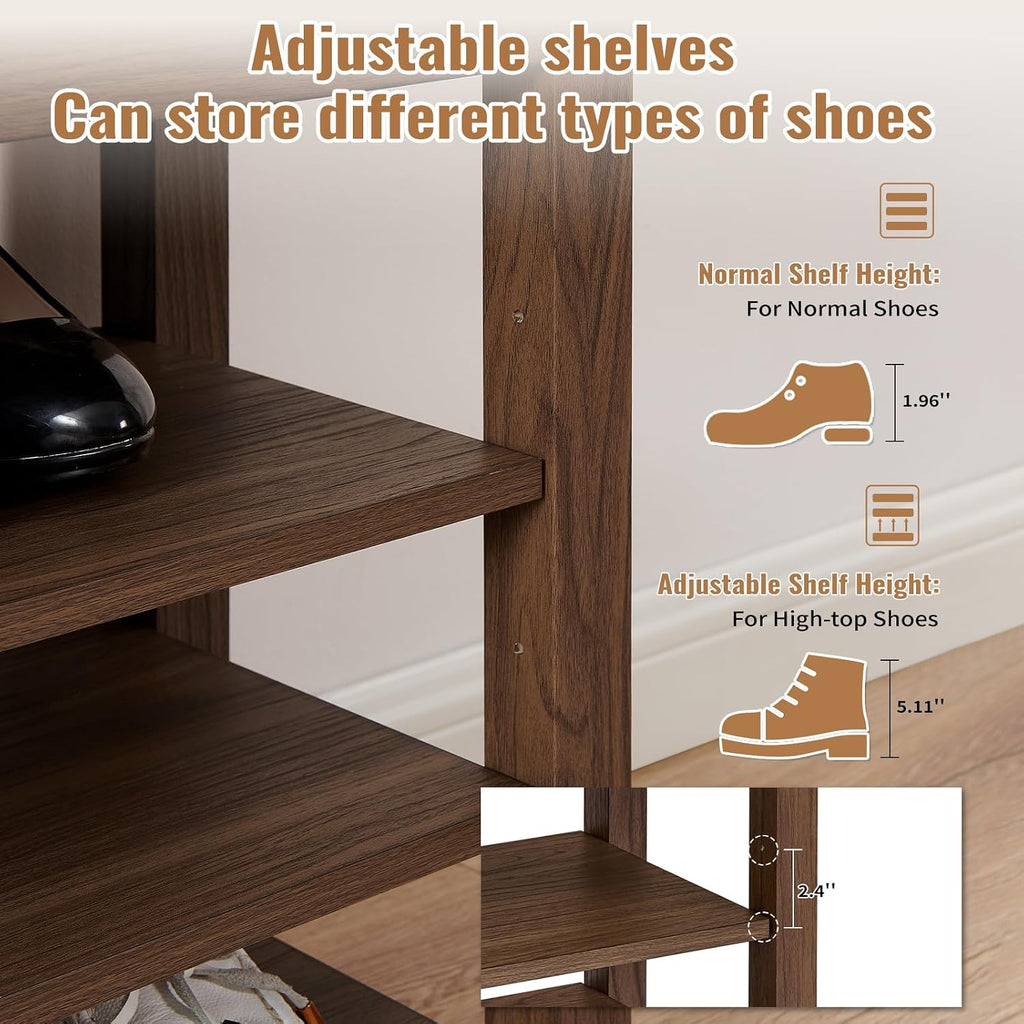 24" Short Entryway Shoe Storage Bench with Cushion, Height Adjustable 3-Tier Rubberwood Shoe Rack with Hidden Compartment, Brown Wood Shoe Organizer for Small Spaces