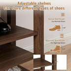 24" Short Entryway Shoe Storage Bench with Cushion, Height Adjustable 3-Tier Rubberwood Shoe Rack with Hidden Compartment, Brown Wood Shoe Organizer for Small Spaces