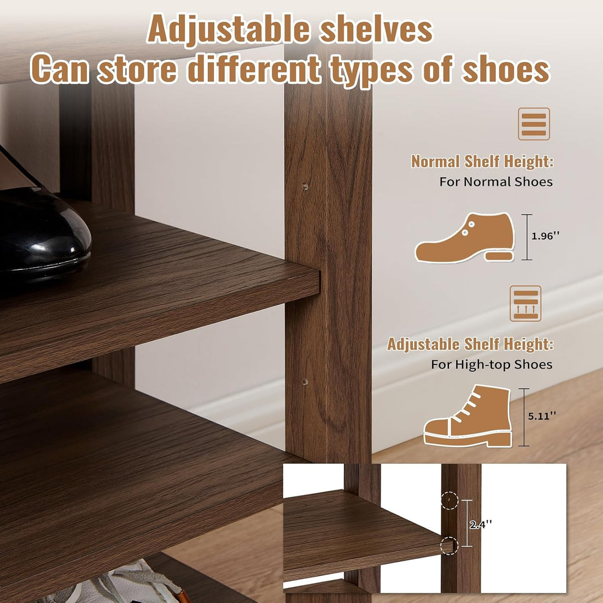 24" Short Entryway Shoe Storage Bench with Cushion, Height Adjustable 3-Tier Rubberwood Shoe Rack with Hidden Compartment, Brown Wood Shoe Organizer for Small Spaces