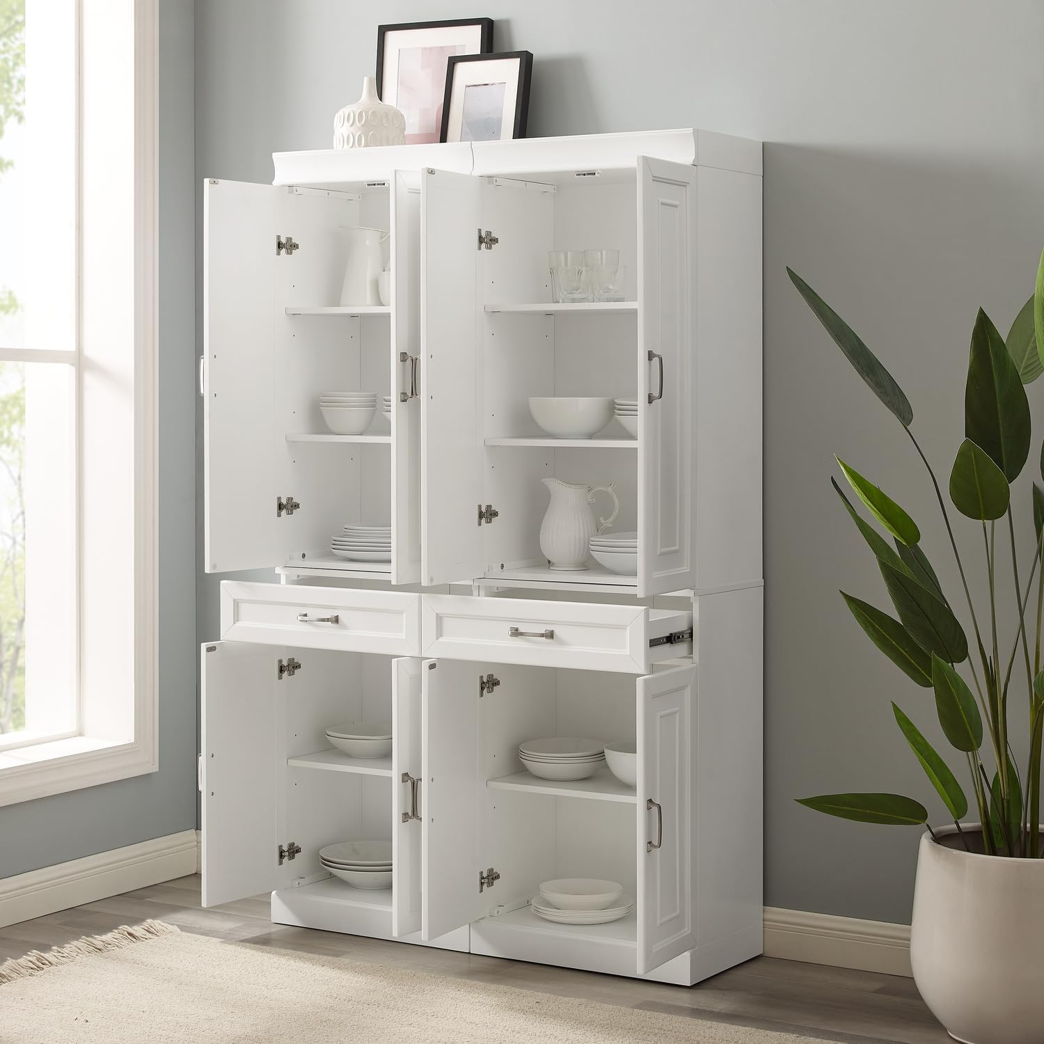 HomeStock Pantry Cabinets - 2 Piece Kitchen Storage Organizer - White Finish