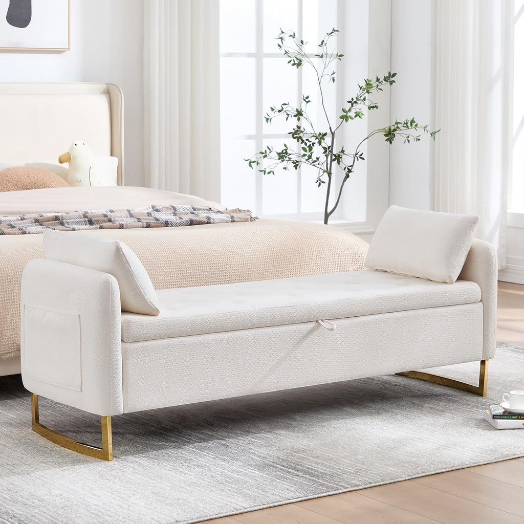 Storage Bench for Bedroom, 65 Inch End of Bed Storage Bench Cream | Chenille End of Bed Bench King Size Tufted Upholstered and Gold Legs, Bedroom Bench with Storage, Arms, 2 Pillows, for Window