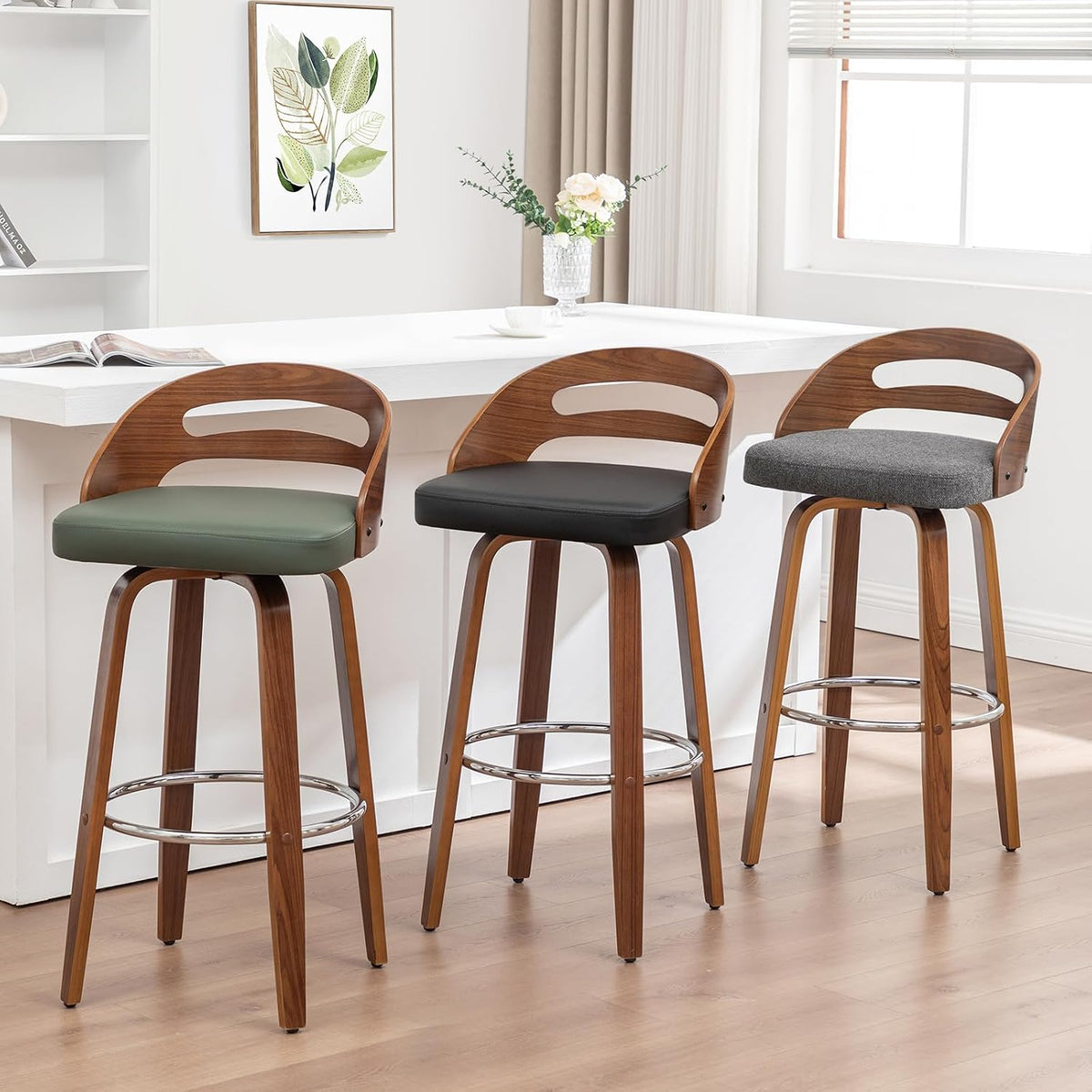 Swivel Bar Stools, 30 inch Mid Century Modern Bar Stools with Low Back | Solid Bentwood Frame, Walnut Finish, Wooden Legs, Faux Leather Upholstered Seat, Bar Chairs for Bar, Cafe, Pub, Restaurant