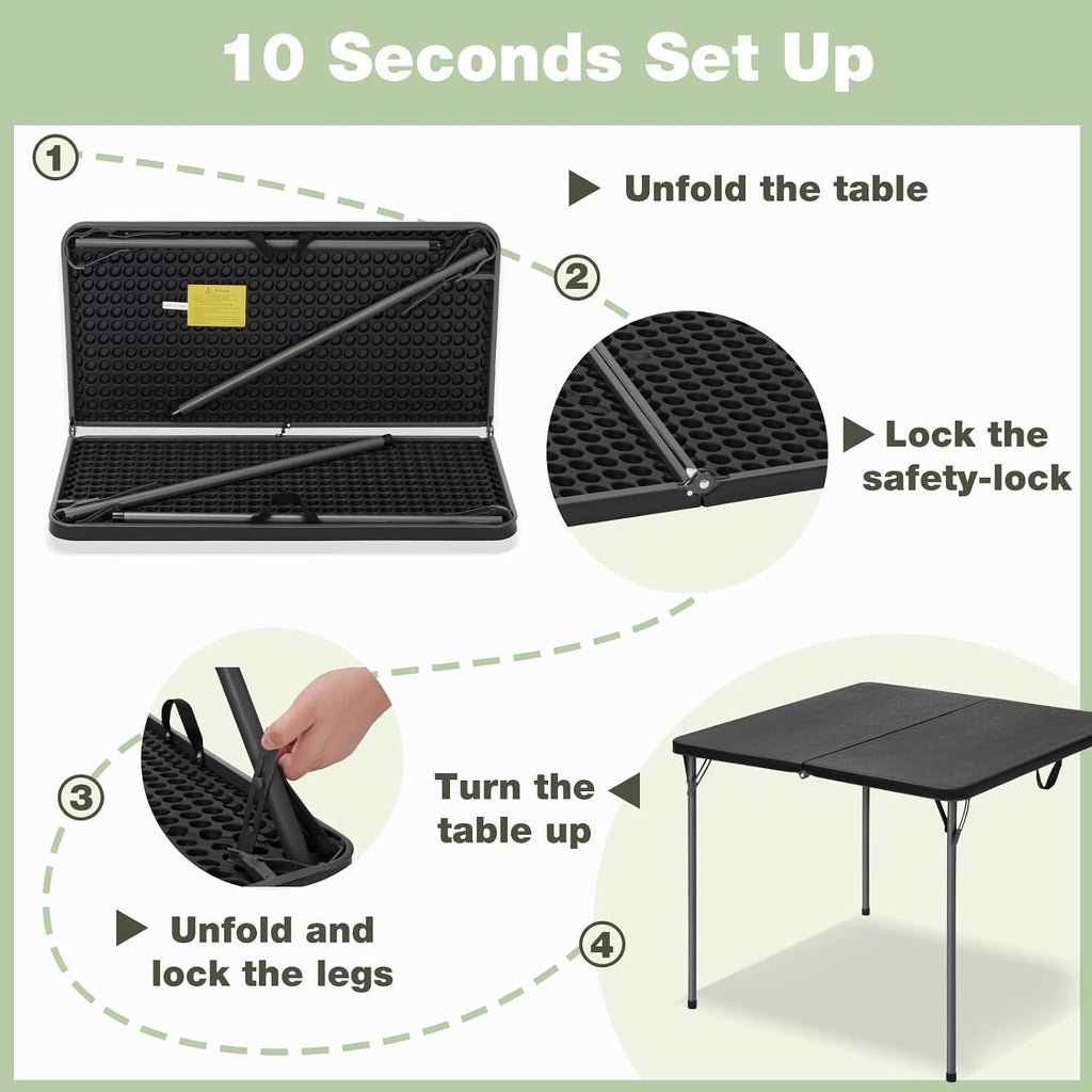 34" Square Folding Table for 4 Person, 330lbs Weight Capacity Foldable Table with HDPE Tabletop & Heavy-Duty Steel Legs, Large Portable Picnic Table for Indoor Outdoor Parties, Camping, Black
