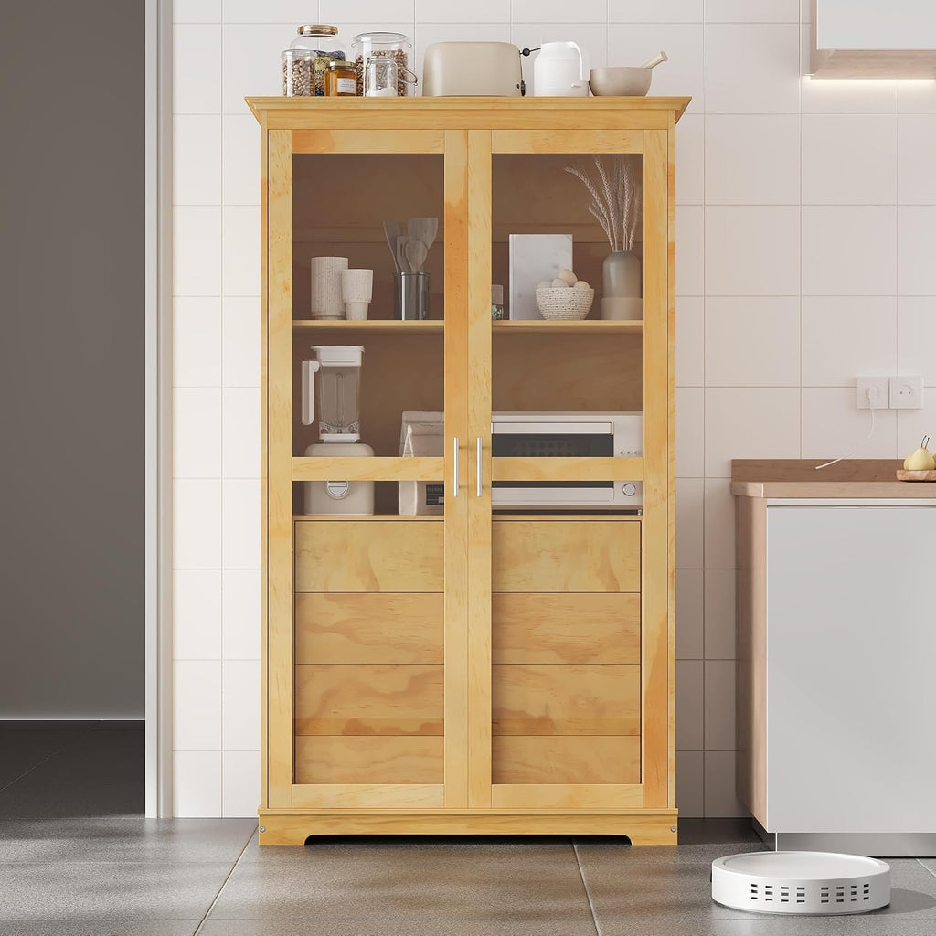 44.7" Wide Pine Wood Kitchen Pantry Cabinet with Glass Doors 4 Drawers and Shelf Freestanding Farmhouse Storage Cabinet for Kitchen Dining Living Room Display Organizer Natural