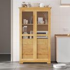 44.7" Wide Pine Wood Kitchen Pantry Cabinet with Glass Doors 4 Drawers and Shelf Freestanding Farmhouse Storage Cabinet for Kitchen Dining Living Room Display Organizer Natural