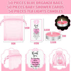 MTLEE 50 Sets Baby Shower Favors Tea Light Candles for Guests Cute Baby Shower Decorations with 50 Cards and 50 Organza Bags and 50 Silicone Bracelets for Boys Girls Gender Reveal (Pink,Cute)
