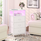sthmec Nightstand with Charging Station,LED White Nightstand with 3 Fabric Drawers PU Finish, Bedside End Tables, 2-Tier Open Storage Shelf Side Table Nightstand with Drawers for Bedroom,White