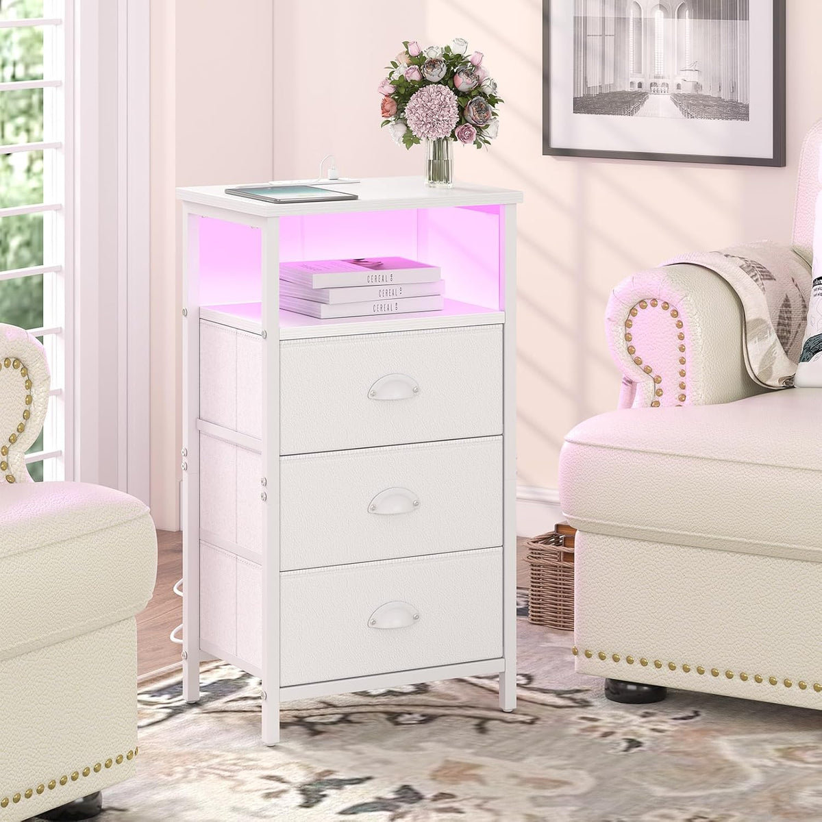 sthmec Nightstand with Charging Station,LED White Nightstand with 3 Fabric Drawers PU Finish, Bedside End Tables, 2-Tier Open Storage Shelf Side Table Nightstand with Drawers for Bedroom,White