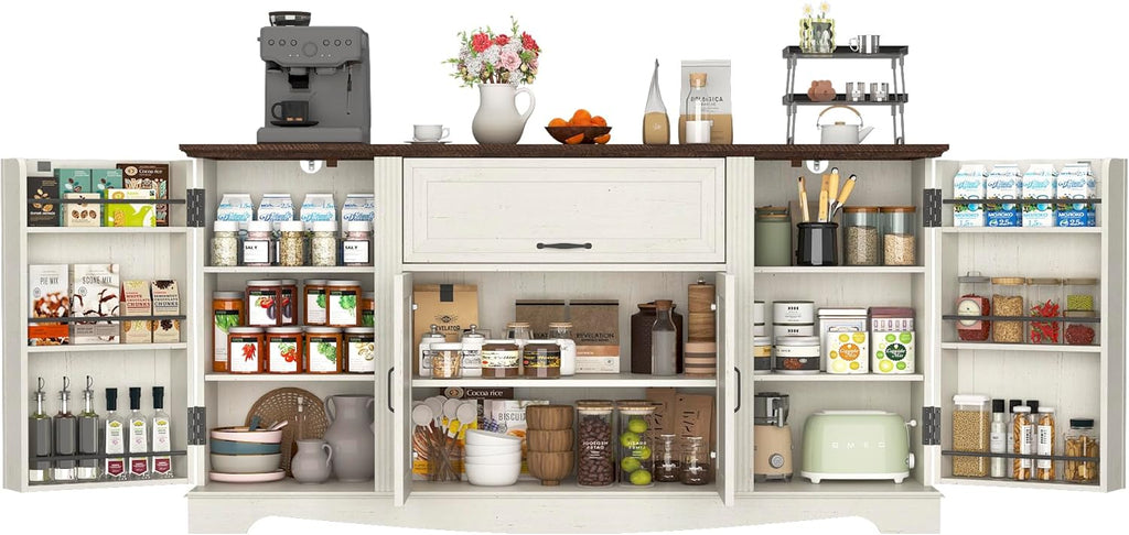 65" Sideboard Buffet Cabinet with Storage, Farmhouse Kitchen Pantries Sideboard Cabinets with Drawer, Wood Coffee Bar Cabinet with Adjustable Shelves, Storage Cabinets for Kitchen, Antique White