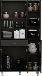 Kitchen Pantry Cabinet, Two Open Shelves, One Drawer, Multiple Cabinets, Black