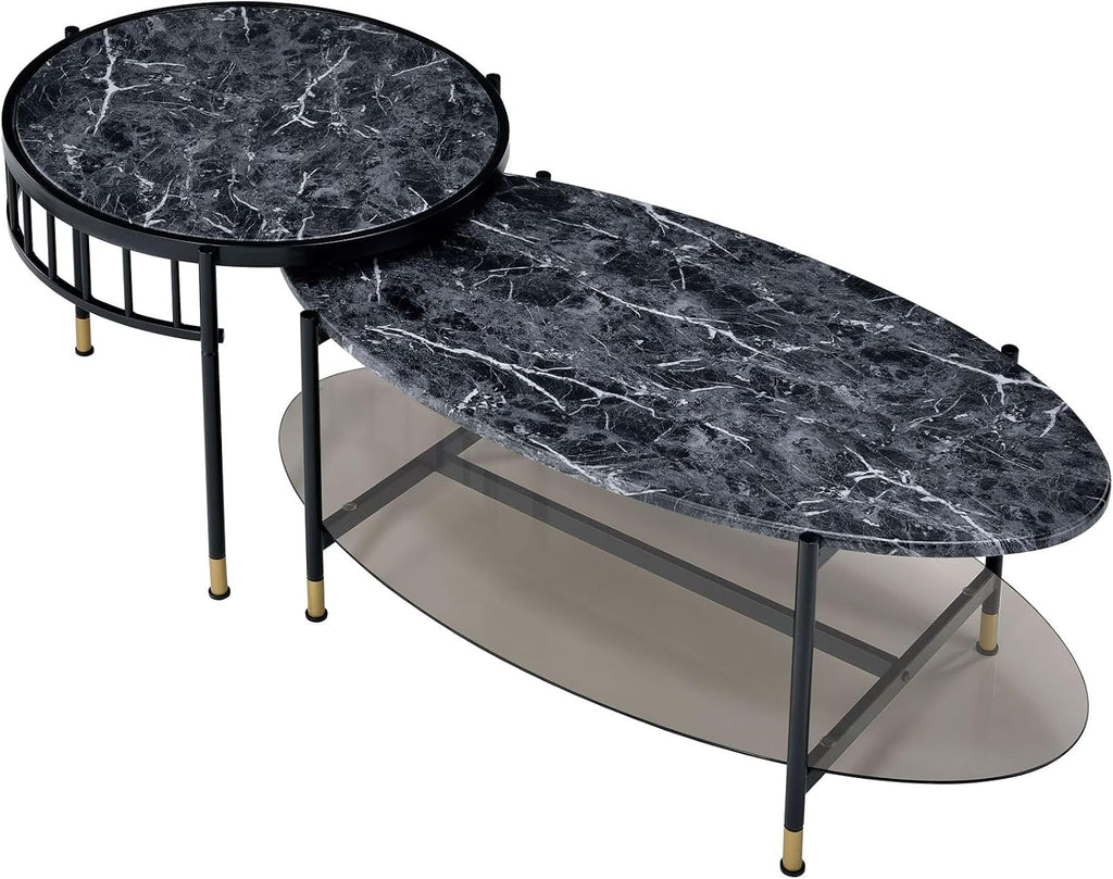Engineered Stone Top & Black Finish Nesting Table Set | Dual-table nesting design with 15 mm thick engineered stone tops