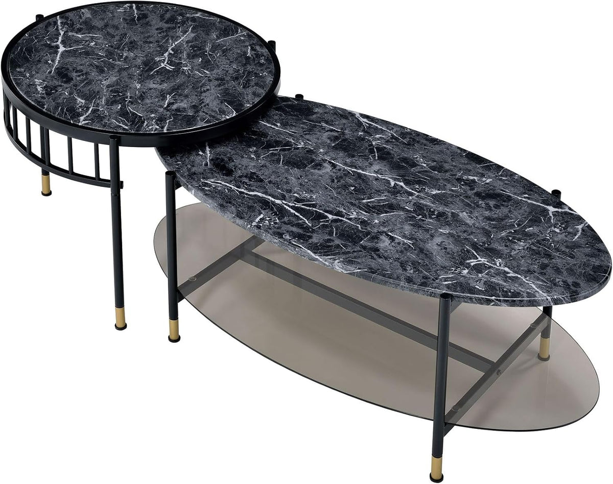 Engineered Stone Top & Black Finish Nesting Table Set | Dual-table nesting design with 15 mm thick engineered stone tops