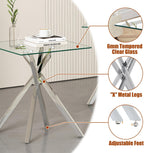 Modern Square End Table with Glass Top, Glass End Side Table for Living Room Office, 17.72 x 17.72 x 20.87 inches, Silver Metal X-Base, Adjustable Feet (1, Silver)