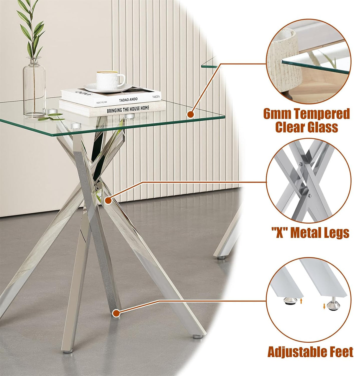 Modern Square End Table with Glass Top, Glass End Side Table for Living Room Office, 17.72 x 17.72 x 20.87 inches, Silver Metal X-Base, Adjustable Feet (1, Silver)