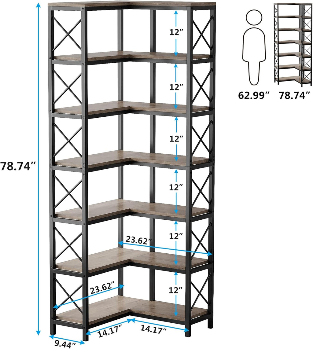Tribesigns 7-Shelf Corner Bookshelf,Large Modern Corner Bookcase, 7-Tier Tall Corner Shelf Storage Display Rack with Metal Frame for Living Room Home Office (Grey)