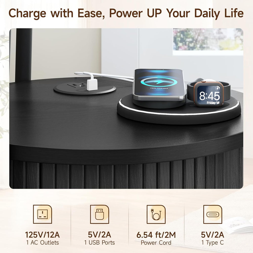 ONBRILL Round Side Table with Storage, Fluted Nightstand with Charging Station, Small Mid-Century Modern Bedside Tables, Black End Tables for Small Space Living Room Bedroom Sofa Couch