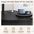 ONBRILL Round Side Table with Storage, Fluted Nightstand with Charging Station, Small Mid-Century Modern Bedside Tables, Black End Tables for Small Space Living Room Bedroom Sofa Couch
