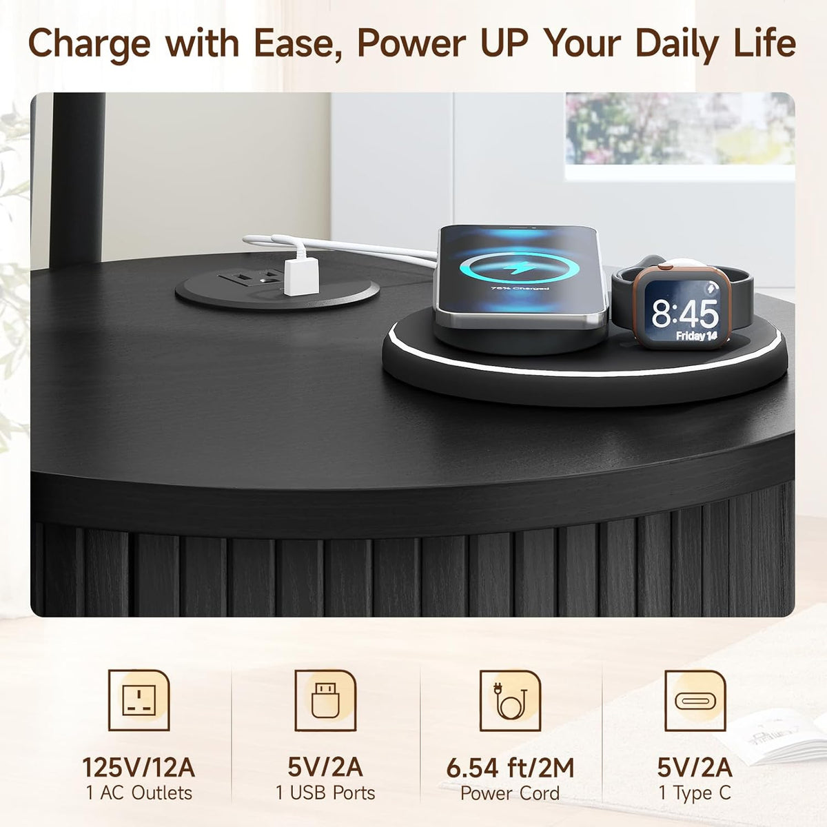 ONBRILL Round Side Table with Storage, Fluted Nightstand with Charging Station, Small Mid-Century Modern Bedside Tables, Black End Tables for Small Space Living Room Bedroom Sofa Couch