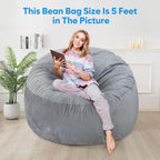 3 Ft Bean Bag Chair,Bean Bag Chairs for Living Room,3 Foot,Dark Grey | Bean Bag Chairs for Adults,Memory Foam Filling,Beanbag with Filler Included,Soft Velvet Cover,Pocket & Pull-Handle