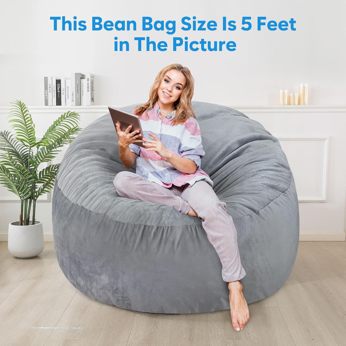 3 Ft Bean Bag Chair,Bean Bag Chairs for Living Room,3 Foot,Dark Grey | Bean Bag Chairs for Adults,Memory Foam Filling,Beanbag with Filler Included,Soft Velvet Cover,Pocket & Pull-Handle